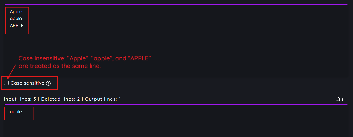 Case insensitive duplicate removal where text with different letter casing is treated as the same