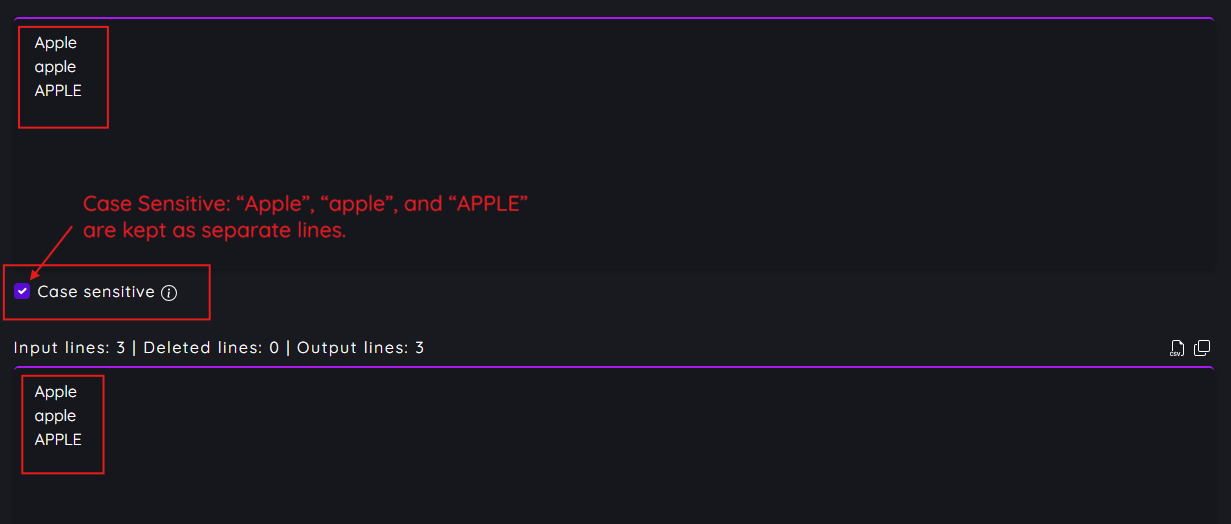 Case sensitive duplicate removal where text with different letter casing is treated as unique