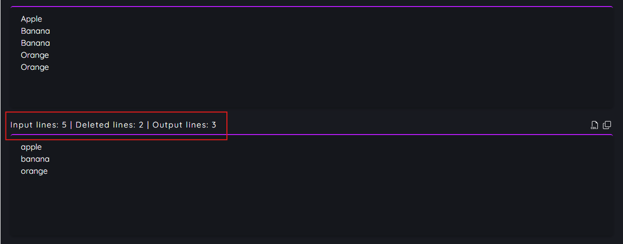 Line count statistics showing input lines, deleted duplicate lines, and final unique output lines