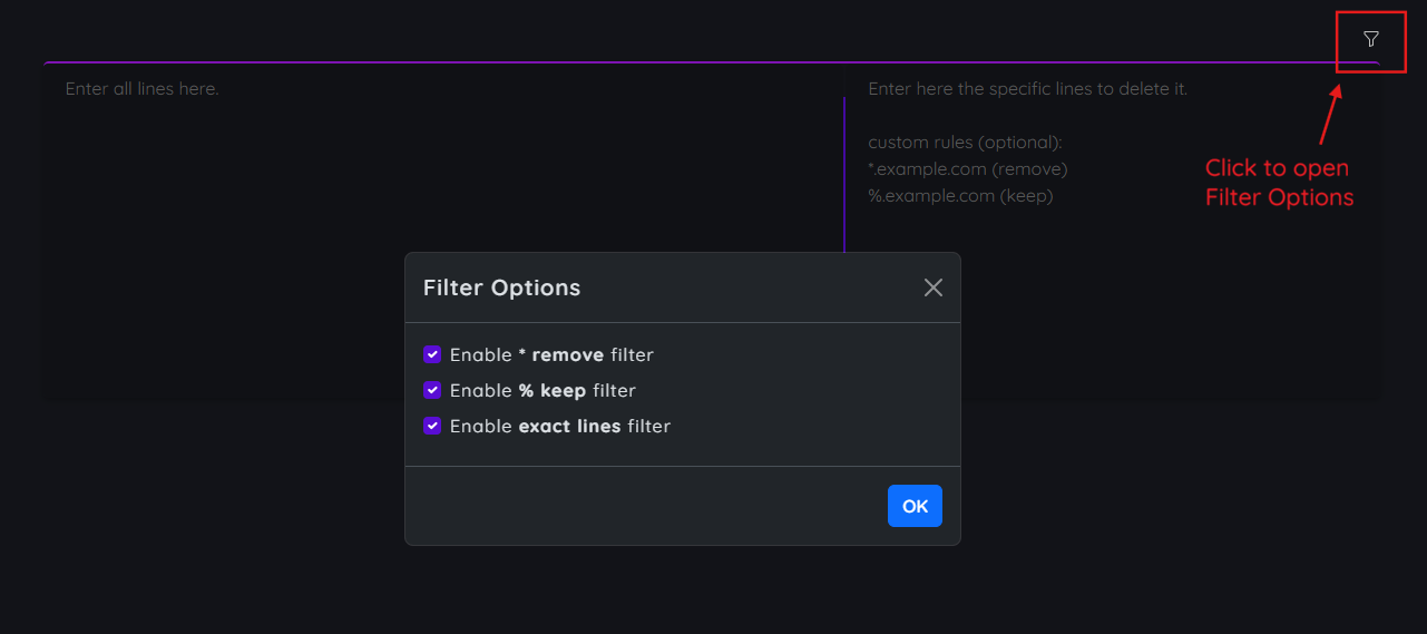 Filter options for removing specific lines
